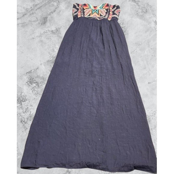 Maurices Dresses & Skirts - Maurices Navy Blue Embroidered Strapless Maxi Dress Boho Geometric Slit Large